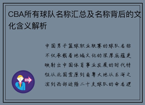 CBA所有球队名称汇总及名称背后的文化含义解析